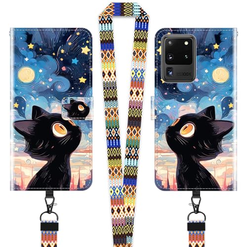 JEZSTHAI Klapphülle Kompatibel mit Samsung Galaxy S20 Ultra Hülle Leder Handytasche Schutzhülle,Stylische Muster Handyhülle Brieftasche(Schwarze Katze)+1×Handy Umhängeband/Halsgurt von JEZSTHAI