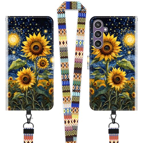 JEZSTHAI Klapphülle Kompatibel mit Samsung Galaxy S23 FE Hülle Leder Handytasche Schutzhülle,Stylische Muster Handyhülle Brieftasche(Sonnenblume)+1×Handy Umhängeband/Halsgurt von JEZSTHAI