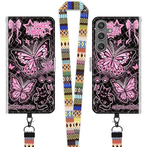 JEZSTHAI Hülle für Samsung Galaxy S24 5G Leder Handytasche Schutzhülle mit Muster(Schmetterling),Flip Case Magnetverschluss Handyhülle mit Handykette/Handy Umhängeband von JEZSTHAI