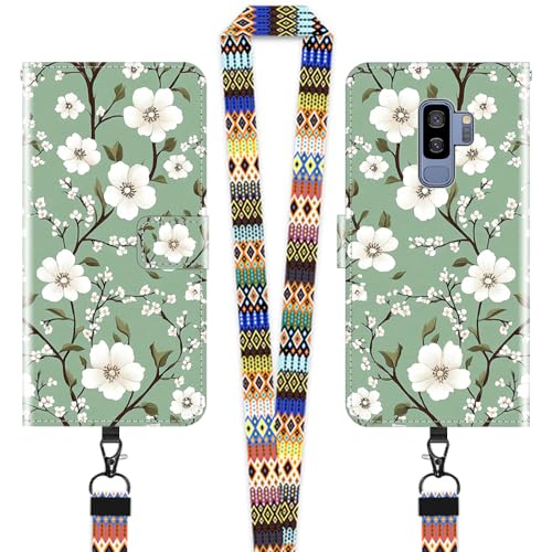 JEZSTHAI Hülle für Samsung Galaxy S9+ / S9 Plus Leder Handytasche Schutzhülle mit Muster(weiße Blume),Flip Case Magnetverschluss Handyhülle mit Handykette/Handy Umhängeband von JEZSTHAI
