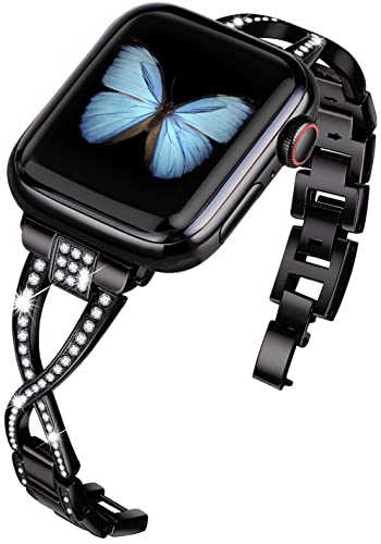 JFdragon Uhrenarmband für Apple Watch 38 mm, 40 mm, 41 mm, 42 mm, 44 mm, 45 mm, Damen-Serie 9, 8, 7, 6, 5, 4, SE, iWatch-Armband, glitzernd, schick, niedliches Armband, Schwarz von JFdragon