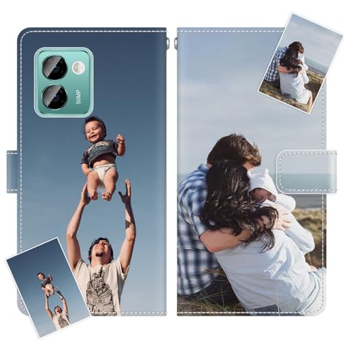 JGOYGYI Personalisierte Leder Handyhülle kompatibel mit DOOGEE N50 Pro,Individuelle Eigenem Foto Bild Text Bildern Foldable Flip Klapphüllen Case hülle+Handykette von JGOYGYI