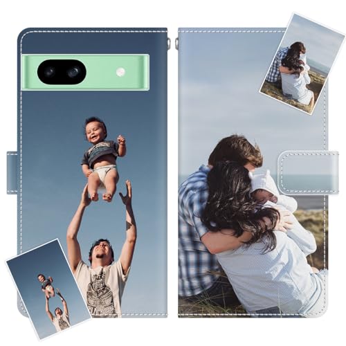JGOYGYI Personalisierte Leder Handyhülle kompatibel mit Google Pixel 8a,Individuelle Eigenem Foto Bild Text Bildern Foldable Flip Klapphüllen Case hülle+Handykette von JGOYGYI