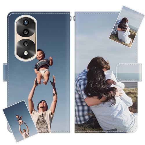 JGOYGYI Personalisierte Leder Handyhülle kompatibel mit Honor 70 Pro/Honor 70 PRO+,Individuelle Eigenem Foto Bild Text Bildern Foldable Flip Klapphüllen Case hülle+Handykette von JGOYGYI