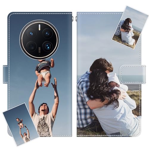 JGOYGYI Personalisierte Leder Handyhülle kompatibel mit Huawei Mate 50 Pro,Individuelle Eigenem Foto Bild Text Bildern Foldable Flip Klapphüllen Case hülle+Handykette von JGOYGYI