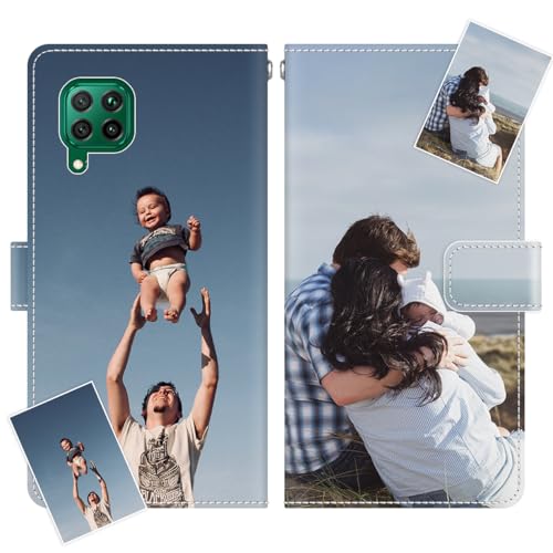 JGOYGYI Personalisierte Leder Handyhülle kompatibel mit Huawei P40 lite 4G,Individuelle Eigenem Foto Bild Text Bildern Foldable Flip Klapphüllen Case hülle+Handykette von JGOYGYI