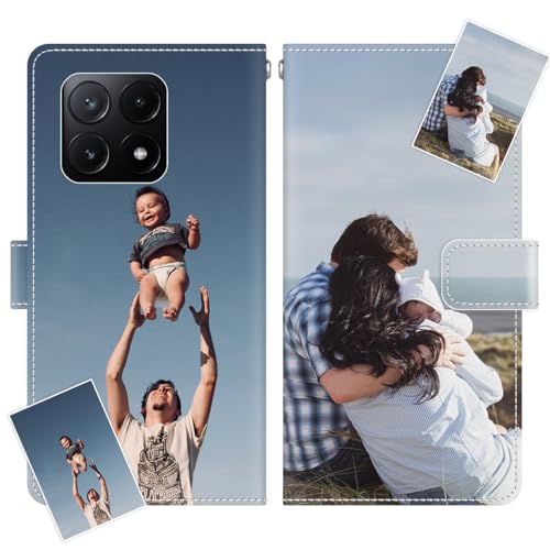 JGOYGYI Personalisierte Leder Handyhülle kompatibel mit Xiaomi Mi 14 13T 13 12T 12 11T 11i 11 10 Lite Poco M6 C65 X6 X5 X4 X3 Pro,Individuelle Text Bildern Foldable Flip Klapphüllen Case hülle von JGOYGYI