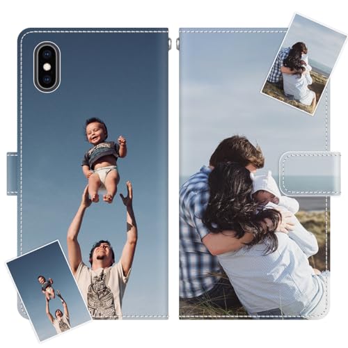 JGOYGYI Personalisierte Leder Handyhülle kompatibel mit iPhone XS Max,Individuelle Eigenem Foto Bild Text Bildern Foldable Flip Klapphüllen Case hülle+Handykette von JGOYGYI