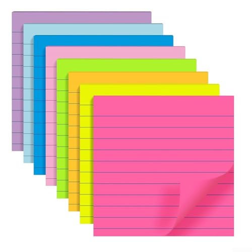 JGmotorfi Haftnotizen, liniert, 100 x 100 mm, bunt, quadratisch, selbstklebend, für Notizbuch, Büro, Schule, Zuhause, 8 Stück von JGmotorfi
