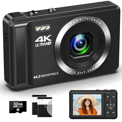 4K Digitalkamera mit 32 GB Speicherkarte 44 MP Autofokus-Kompaktkamera mit 16-fachem Digitalzoom, wiederaufladbare 2 1200mAh Batterien 2,4-Zoll-Mini-Kinderkamera für Anfänger von JHAMAL