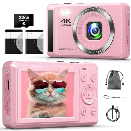 Digitalkamera 4K FHD Vlogging-Kamera, 44 MP Autofokus-Kompaktkamera mit 16-fachem Digitalzoom, wiederaufladbare 2,4-Zoll-Mini-Kinderkamera mit 32 GB Speicherkarte, 2 Batterien von JHAMAL