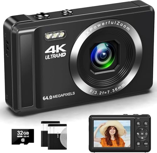 Digitalkamera 4K FHD Vlogging-Kamera, 64 MP Autofokus-Kompaktkamera mit 16-fachem Digitalzoom, wiederaufladbare 2,4-Zoll-Mini-Kinderkamera mit 32 GB Speicherkarte von JHAMAL