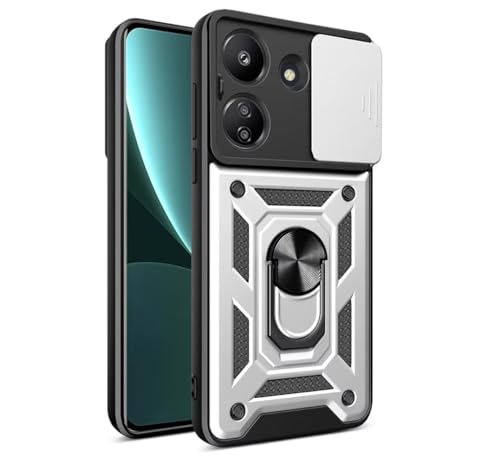 JIAFEI Hülle Kompatibel mit Xiaomi Redmi 13C / Poco C65, TPU+PC Dual Layer Stoßfeste Hülle mit Slide Camera Cover Kameraschutz mit Ring Ständer Handyhülle, Silber von JIAFEI