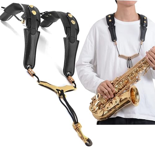 JIAMIAN Saxophon-Schultergurt, Universal Doppel-Schultergurt aus Leder für Saxofon, Saxophongurt aus Leder mit Verbreiterte Schulterpolster und Verstellbare Schnalle für Jeden Saxophonisten (A) von JIAMIAN
