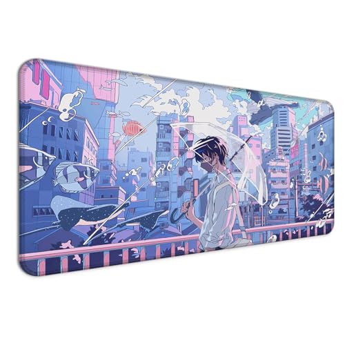 JIANG100 Niedliches Kawaii Anime Mauspad, Japanische Fantasy City Boy Mousepad für Gaming Büro und Zuhause, Große erweiterte rutschfeste Gummiunterseite mit genähten Kanten, Lila von JIANG100