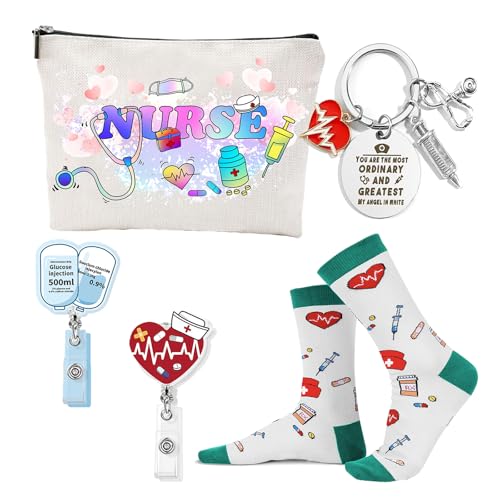Krankenschwester Geschenke Set – Kosmetiktasche, Socken, Schlüsselanhänger & 2 Ausweishalter für Pflegepersonal – Praktisches Krankenschwester Zubehör & Nurse Accessories Krankenschwester Geschenke Set – Kosmetiktasche, Socken, Schlüsselanhänger & 2 Ausweishalter für Pflegepersonal – Praktisches Krankenschwester Zubehör & Nurse Accessories von JIANGWON