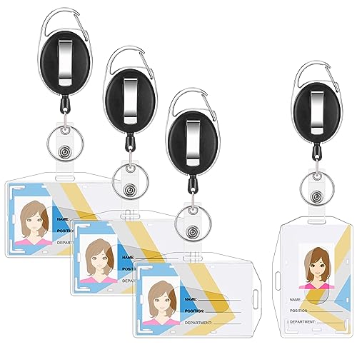 JIANTA Einziehbarer Schlüsselanhänger Set, 4 Stück Schlüsselband Ausziehbar Mit Transparente Kartenhalter Daumenausschub, Schlüsselring Retractable Badge Reel mit ID Card Badge Holder Dual-Use von JIANTA