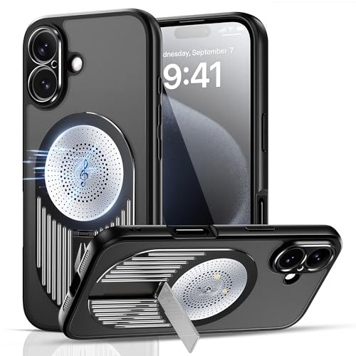 JIAONASHIJIA Kompatibel mit MagSafe iPhone 16 Hülle – Stoßfest mit MagSafe Airbags, kabellos ladbar, Graphen-Kühlung (Wärmeableitung), Verstellbarer Ständer & Duftpad (Schwarz) von JIAONASHIJIA