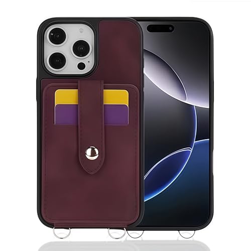 JIAONASHIJIA Leder-Portfolio-Hülle für iPhone 12 Pro [Kartenhalter + Kickstand] [Integrierter Spiegel] [Abnehmbarer Umhängegurt] [Stoßfestes Schutzhülle] Weinrot von JIAONASHIJIA