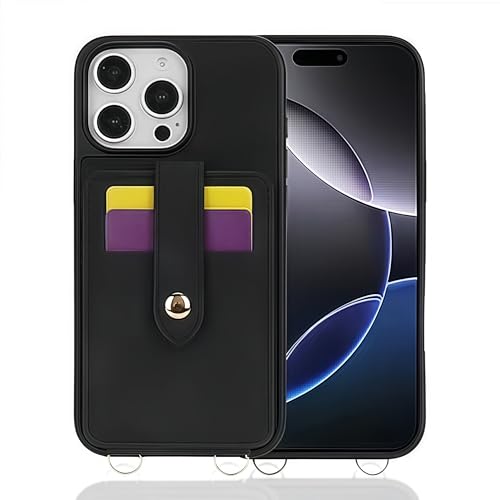 JIAONASHIJIA Leder-Portfolio-Hülle für iPhone 14 Plus [Kartenhalter + Kickstand] [Integrierter Spiegel] [Abnehmbarer Umhängegurt] [Stoßfestes Schutzhülle] Schwarz von JIAONASHIJIA