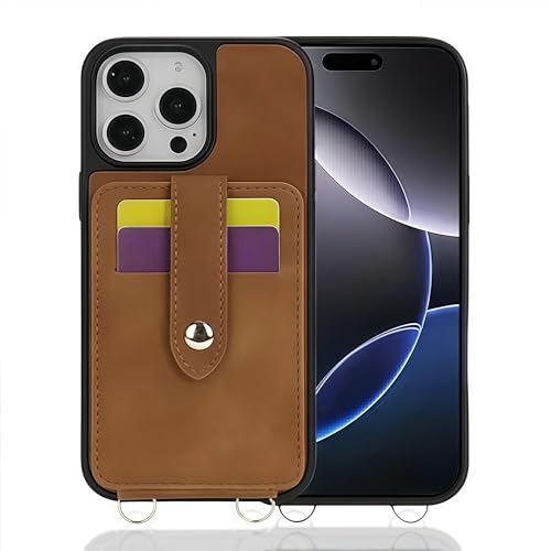 JIAONASHIJIA Leder-Portfolio-Hülle für iPhone 15 Pro Max [Kartenhalter + Kickstand] [Integrierter Spiegel] [Abnehmbarer Umhängegurt] [Stoßfestes Schutzhülle] Braun von JIAONASHIJIA