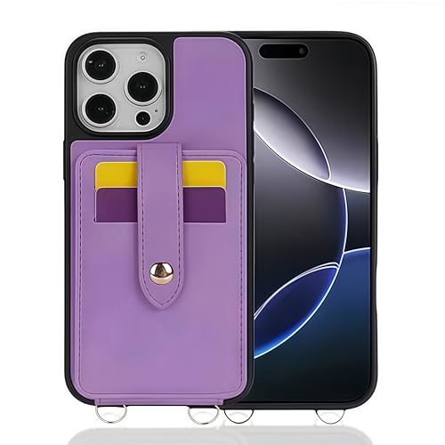 JIAONASHIJIA Leder-Portfolio-Hülle für iPhone 16 Pro Max [Kartenhalter + Kickstand] [Integrierter Spiegel] [Abnehmbarer Umhängegurt] [Stoßfestes Schutzhülle] Lila von JIAONASHIJIA