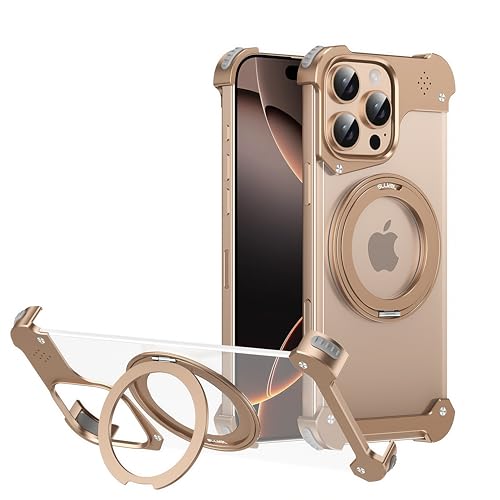 JIAONASHIJIA Passend für MagSafe iPhone 14 Pro Max Rahmenlose Hülle, 360° Magnetring Kickstand, minimalistisches schlankes Metallrahmen, ultradünn & leicht. Gold von JIAONASHIJIA