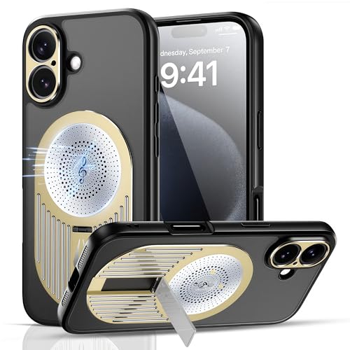JIAONASHIJIA Passend für MagSafe iPhone 16 Hülle – Stoßfest mit Airbags, kabellos ladbar, Graphen-Kühlung (Wärmeableitung), Verstellbarer Ständer & Duftpad (Gold) von JIAONASHIJIA