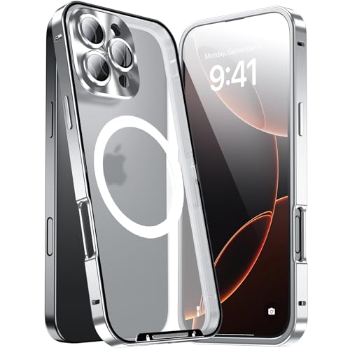 JIAONASHIJIA Passend für MagSafe iPhone 16 Pro Max Hülle, Ultradünne transparente klare gehärtete Glas Premium Metallrahmen mit Objektivschutz, Kratzfest, modern. Silber JIAONASHIJIA Passend für MagSafe iPhone 16 Pro Max Hülle, Ultradünne transparente klare gehärtete Glas Premium Metallrahmen mit Objektivschutz, Kratzfest, modern. Silber von JIAONASHIJIA