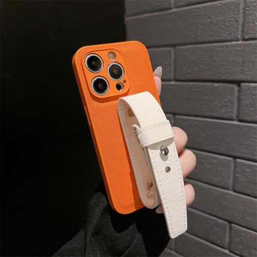 JIASHM Für iPhone 12 Fashion Pattern Leder mit Handschlaufe Hülle Einfarbige Rückseite (Für iPhone 12/Orange) von JIASHM