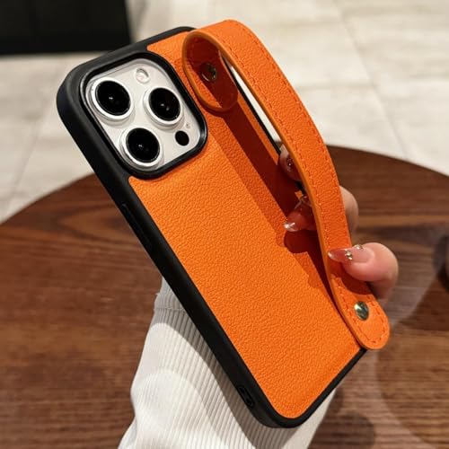JIASHM Für iPhone 14 Plus Luxus-Handyhülle aus Leder mit Handschlaufe, Schlichte, modische, weiche, stoßfeste Hülle (für iPhone 14 Plus/Orange) von JIASHM