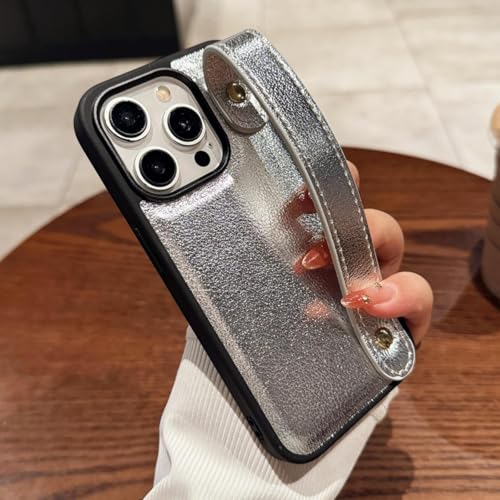 JIASHM Für iPhone 14 Pro Max Luxus-Handyhülle aus Leder mit Handschlaufe, Schlichte, modische, weiche, stoßfeste Hülle (für iPhone 14 Pro Max/Silber) von JIASHM