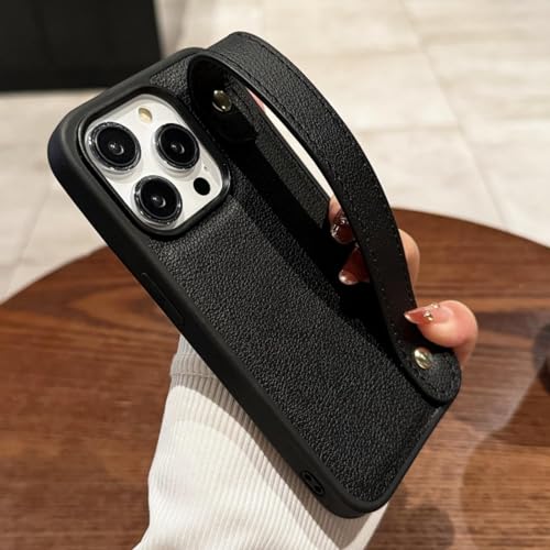 JIASHM Für iPhone 16 Pro Luxus-Handyhülle aus Leder mit Handschlaufe, schlicht, modisch, weich, stoßfest (für iPhone 16 Pro/Schwarz) von JIASHM