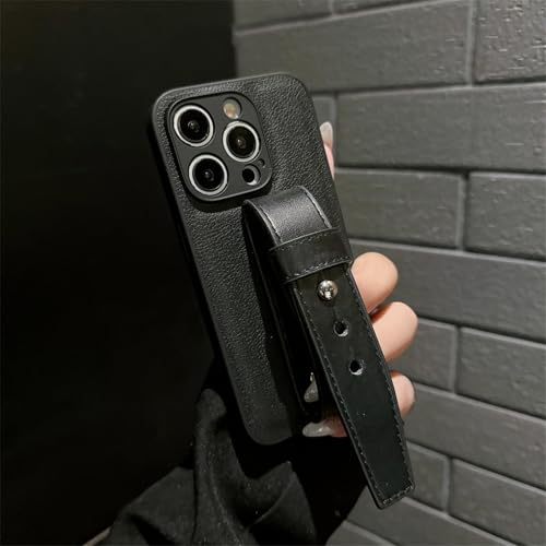 JIASHM Für iPhone16Plus Fashion Pattern Leder mit Handschlaufe Hülle Einfarbige Rückseite (Für iPhone16Plus/Schwarz) von JIASHM