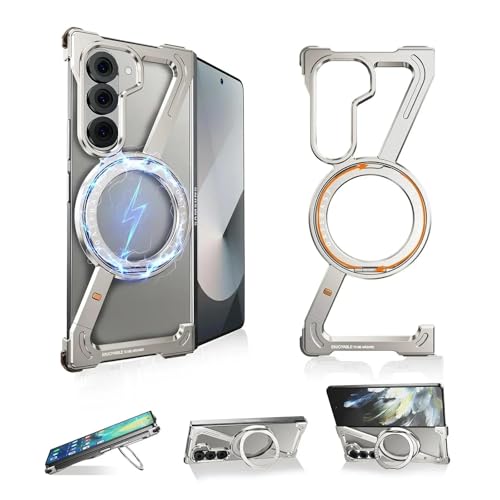 JIASHM für Samsung Galaxy Z Fold 6 5 W24 Metall-Magnet-Telefonhülle mit Ringständer, rahmenloser Stoßfänger-Schutzhülle (für Samsung Galaxy Z Fold5/Titanium) von JIASHM