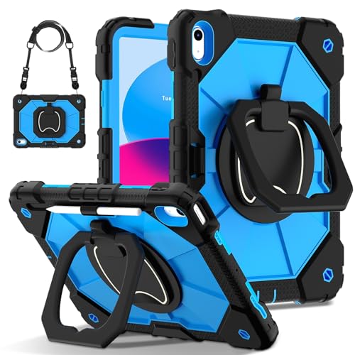 Tablet-Schutzhülle, kompatibel mit iPad (A16) 11. Generation 2025, robuste, stoßfeste Abdeckung, Schutzhülle mit 360° drehbarem Ständer, Handschlaufe und Schultergurt, Blau 2 von JIAWEIG