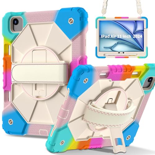 Tablet-Schutzhülle, kompatibel mit iPad Air 11 (M3) 2025/Air 11 (M2 2024), stoßfest, strapazierfähig, Hybrid-Abdeckung, drehbarer Ständer, abnehmbarer Gurt und integrierter Stifthalter, kratzfestes von JIAWEIG