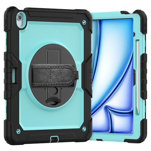 Tablet-Schutzhülle, kompatibel mit iPad Air 13 Zoll (M3) 2025, mit Displayschutzfolie, strapazierfähig, Ständer, Schultergurt, stoßfest, robust, um 360° drehbar, Handschlaufe und Schultergurt von JIAWEIG