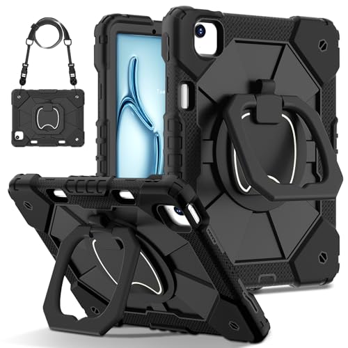Tablet-Schutzhülle, kompatibel mit iPad Air 27,9 cm (11 Zoll) M2 2024 A2902 A2903 A2904, robust, stoßfest, robust, drehbarer Ständer, Handschlaufe und Schultergurt, für Tablet, Schwarz von JIAWEIG