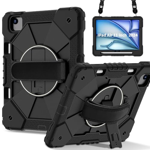 Tablet-Schutzhülle, kompatibel mit iPad Air 27,9 cm (M3) 2025 A3267 A3270 A3266, stoßfest, strapazierfähig, Hybrid-Abdeckung, drehbarer Ständer, abnehmbarer Gurt und integrierter Stifthalter von JIAWEIG