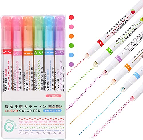 Curve Highlighter Pen Set, 6pcs Colorful Curve Highlighters Six Cute Pattern - Heart/Flower/Curve/Dotted Line/Slash/Dot (6pcs) von JIAWEIIY