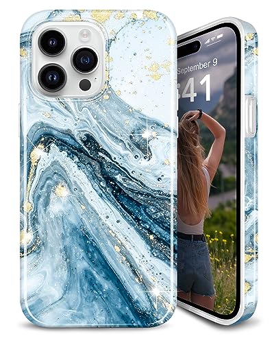 JIAXIUFEN Schutzhülle für iPhone 14 Pro, goldfarben, glitzernd, Marmor, schmal, stoßfest, TPU, weiches Gummi-Silikon, 15,5 cm (6,1 Zoll), Blau von JIAXIUFEN