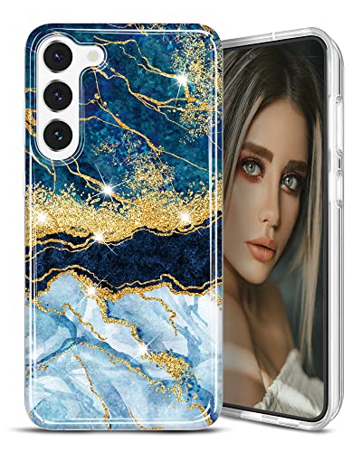 JIAXIUFEN Galaxy S23 Hülle Handyhülle TPU Silikon Weiche Schlank Schutzhülle Handytasche Flexibel Case Handy Hülle für Samsung Galaxy S23 5G - Marmor Glitter Dark Blue von JIAXIUFEN