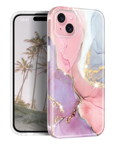 JIAXIUFEN Handyhülle für iPhone 15 Hülle TPU Silikon Schutzhülle Handytasche Handy Hülle für iPhone 15 2023 Marmor Pink Purple von JIAXIUFEN