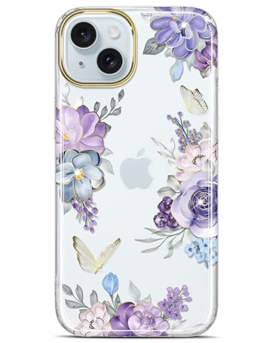JIAXIUFEN Handyhülle für iPhone 15 Hülle TPU Silikon Schutzhülle Transparent Handy Hülle für iPhone 15 2023 Galvanik Schmetterling Blume Violett von JIAXIUFEN