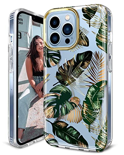 JIAXIUFEN Klare Hülle Kompatibel mit iPhone 13 Pro Vergoldung Design Schutzhülle Stoßfest Slim Dünn TPU Bumper Durable PC Back Cover Handyhülle 6,1 Zoll Palm Leaves Grün von JIAXIUFEN