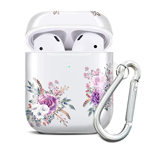 JIAXIUFEN Kompatibel mit AirPods Hülle Stoßfeste Silikon Kopfhörer Taschen Case Schutzhülle Zubehör mit Karabiner Kompatibel mit AirPods 2 & 1, Flower Purple Pink von JIAXIUFEN