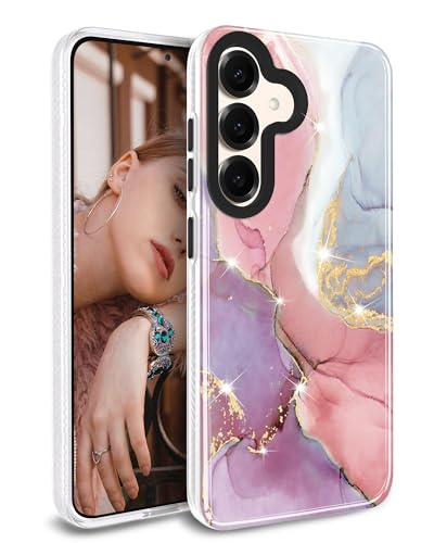 JIAXIUFEN Schutzhülle für Samsung Galaxy S25+ / S25 Plus Hülle Handyhülle goldfarben glitzernd Marmor schmal stoßfest Rosa Violett von JIAXIUFEN