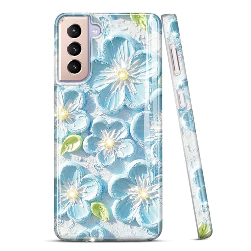 JIAXIUFEN Schutzhülle für Samsung Galaxy S22, Glitzer, Retro-Ölgemälde, Blumendesign, dünn, stoßfest, TPU, weich, Schutzhülle für Samsung Galaxy S22 5G, Mintblau von JIAXIUFEN