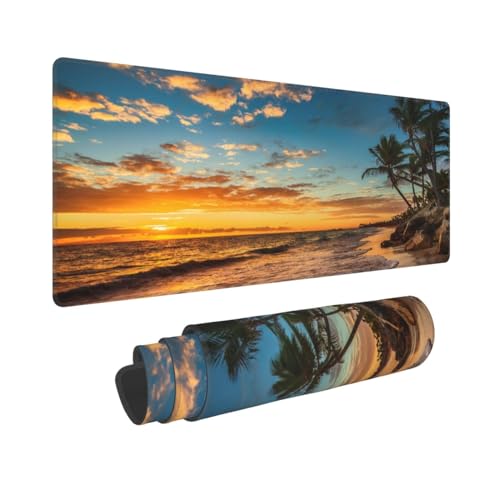 Mauspad mit Sonnenuntergang und tropischem Ozean, groß, verlängertes Mauspad, rutschfeste Gummiunterseite, genähte Kanten, Gaming-PC, großes Mauspad, 80 x 30 cm von JIEKENMO